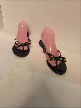 Women's Unbranded Black and Gold Studded Bow Sandals
